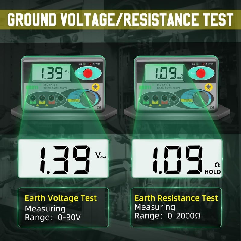 DUOYI Digital Earth Ground Resistance Tester,0-2000 ohm Meter Earth Resistance Tester,Overload Protection AC Ground Voltage Meter with 6Pcs 1.5V Battery,Tool Bag - Image 3